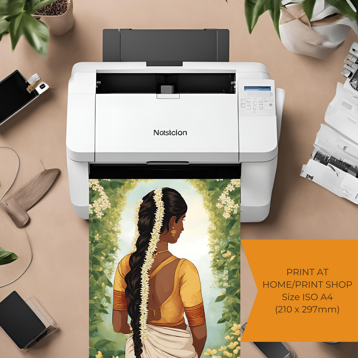 South Asian Art Tamil Girl with Floral Plait Wall Art Digital Download