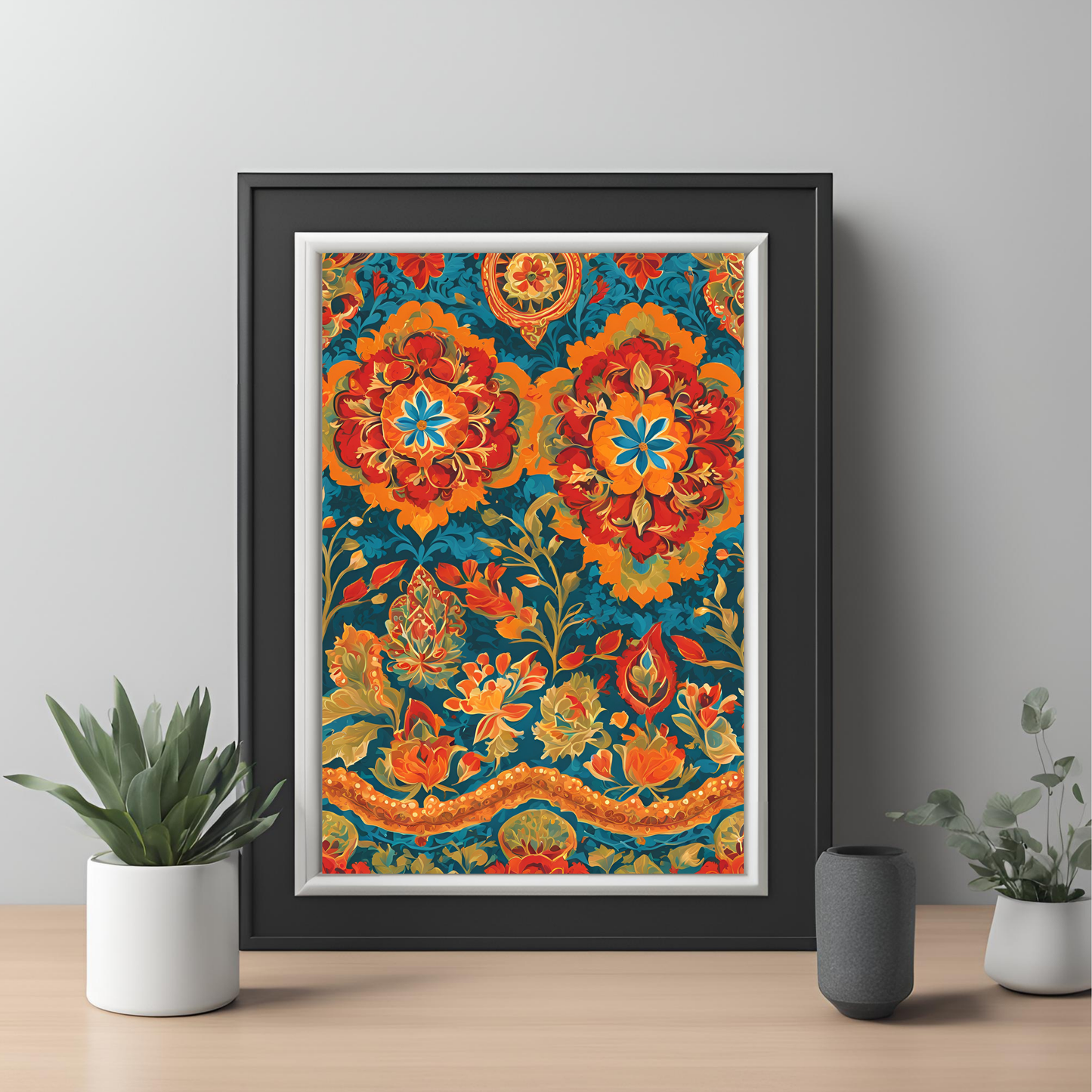 Indian Traditional Teal Floral Folk Wall Art Digital Download