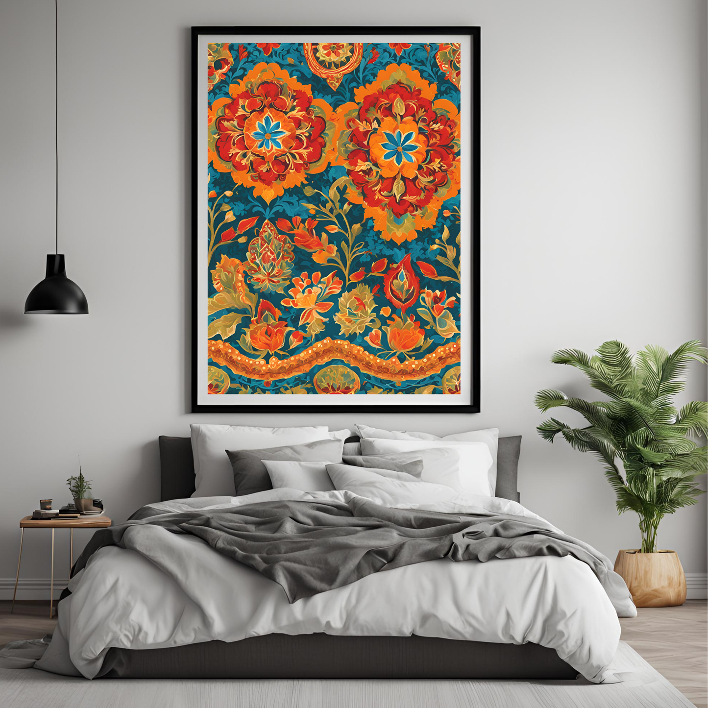 Indian Traditional Teal Floral Folk Wall Art Digital Download