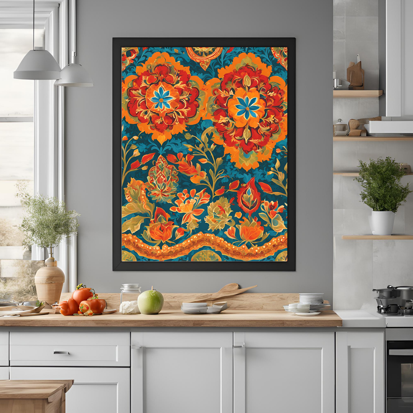 Indian Traditional Teal Floral Folk Wall Art Digital Download