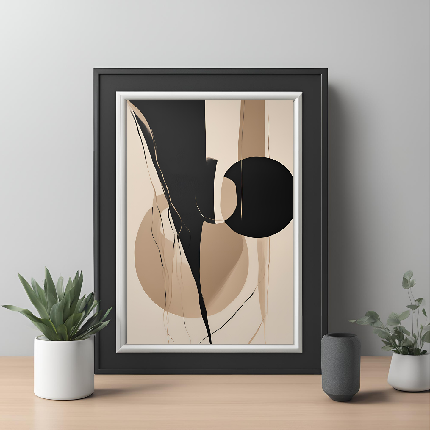 Set of 3 Contemporary Abstract Art -  Black Beige Minimalist  Printable Wall Art