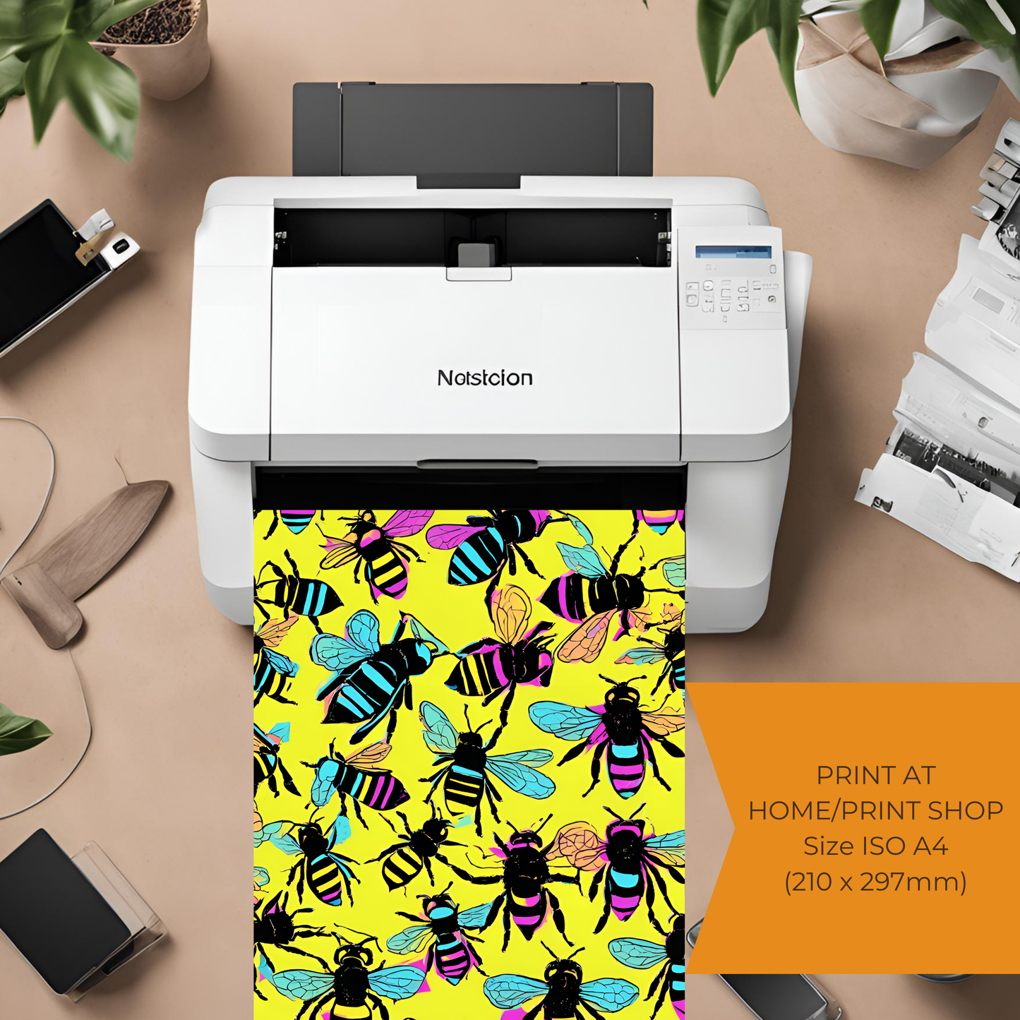 Retro Neon Bee Pop Art Pattern - Digital Printable Template