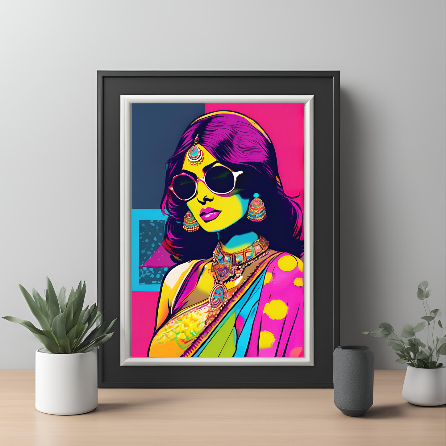 South Asian Art Neon Desi Girl Saree - Digital Printable Wall Art