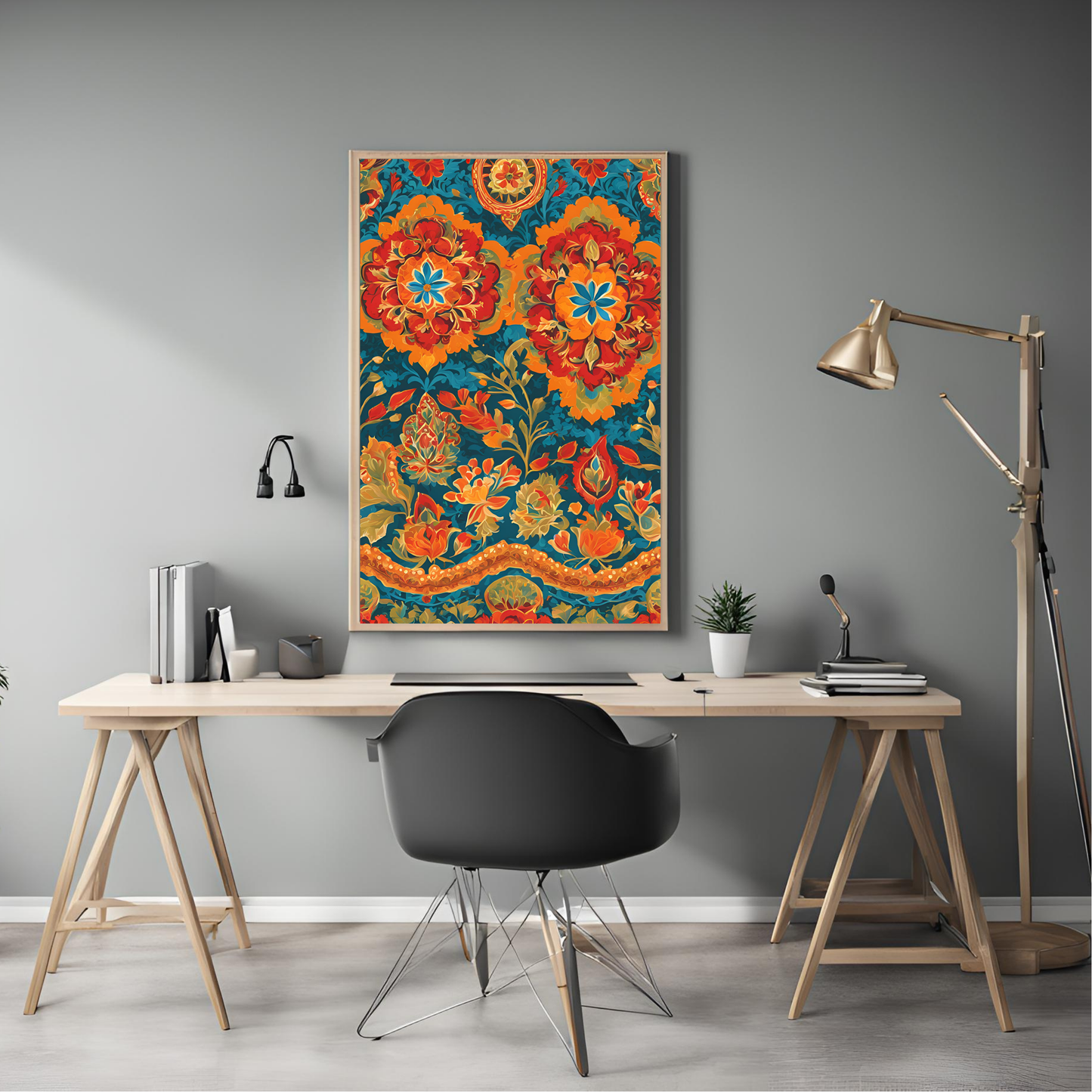 Indian Traditional Teal Floral Folk Wall Art Digital Download