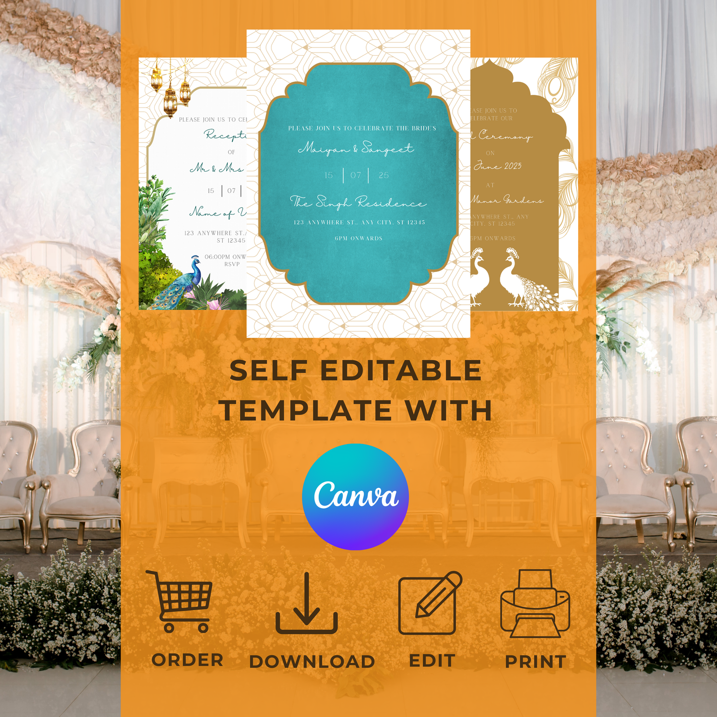 Peacock Invitations 6pcs Digital Download - Online Template