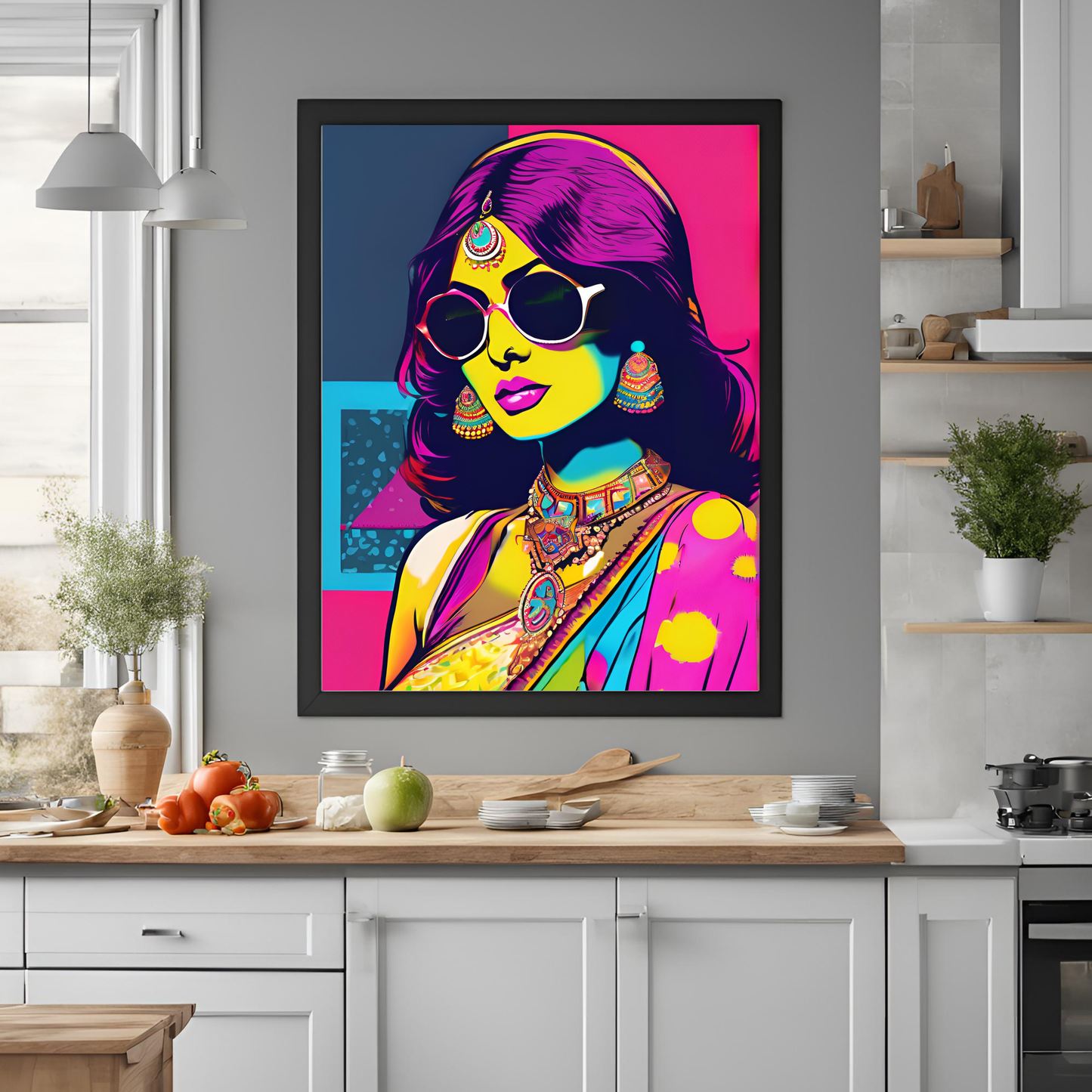 South Asian Art Neon Desi Girl Saree - Digital Printable Wall Art