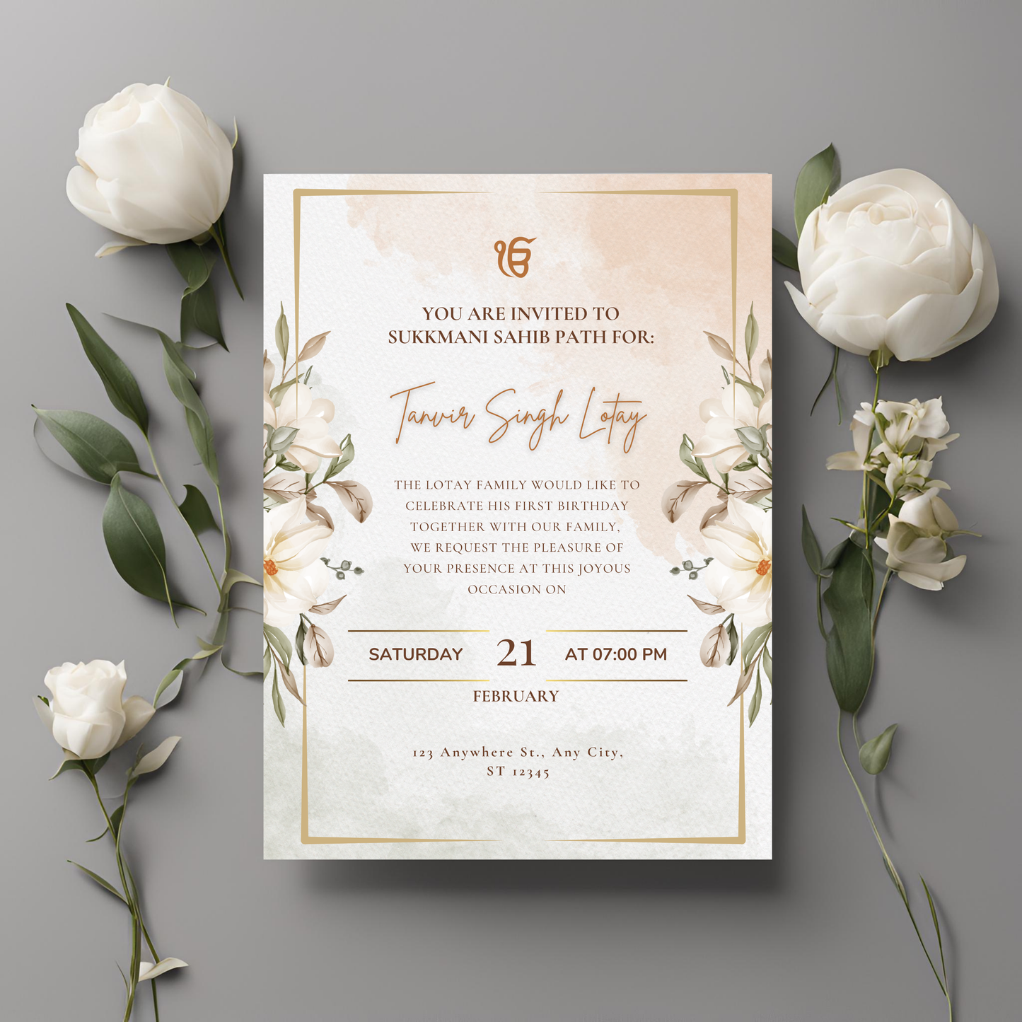 Beige Floral Sukhmani Sahib Invitation Digital Download - Online Template
