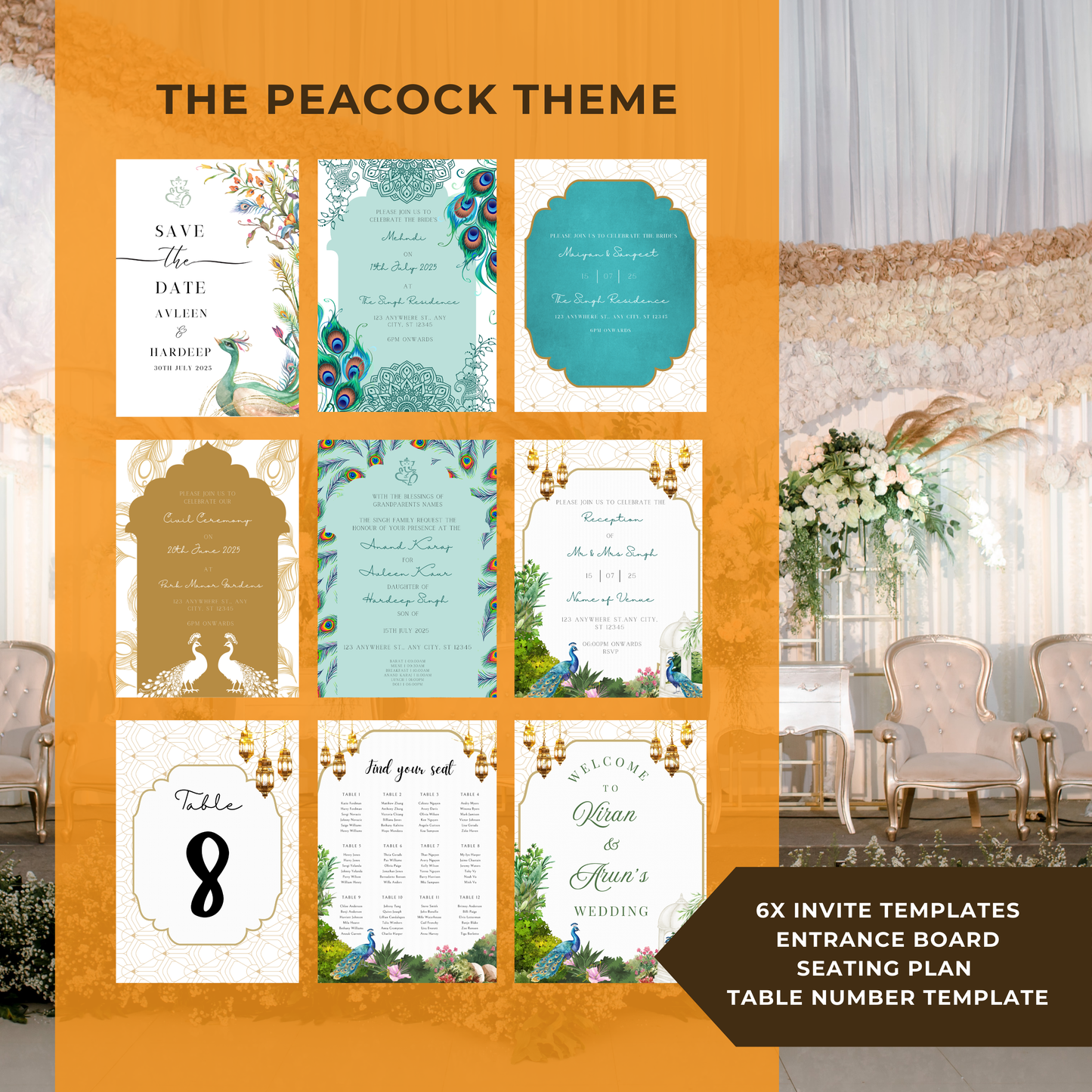Peacock Invitations 6pcs Digital Download - Online Template