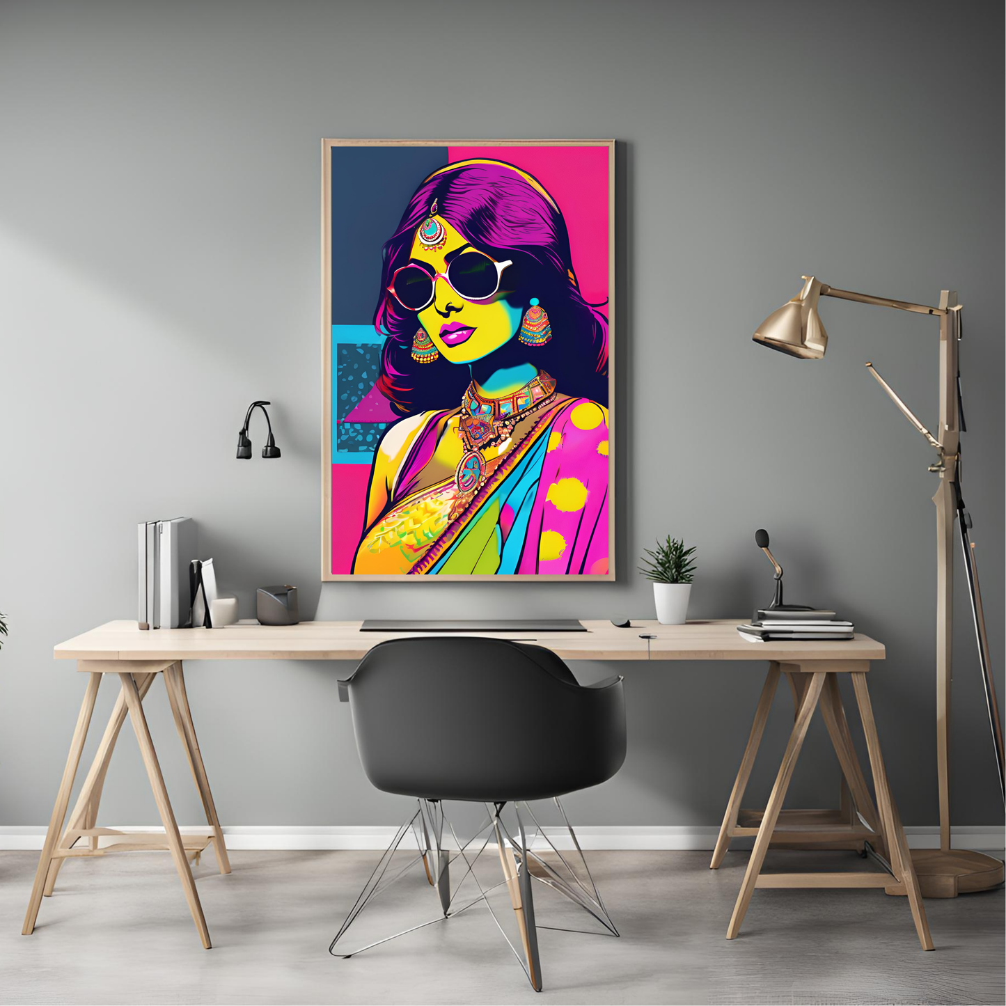 South Asian Art Neon Desi Girl Saree - Digital Printable Wall Art