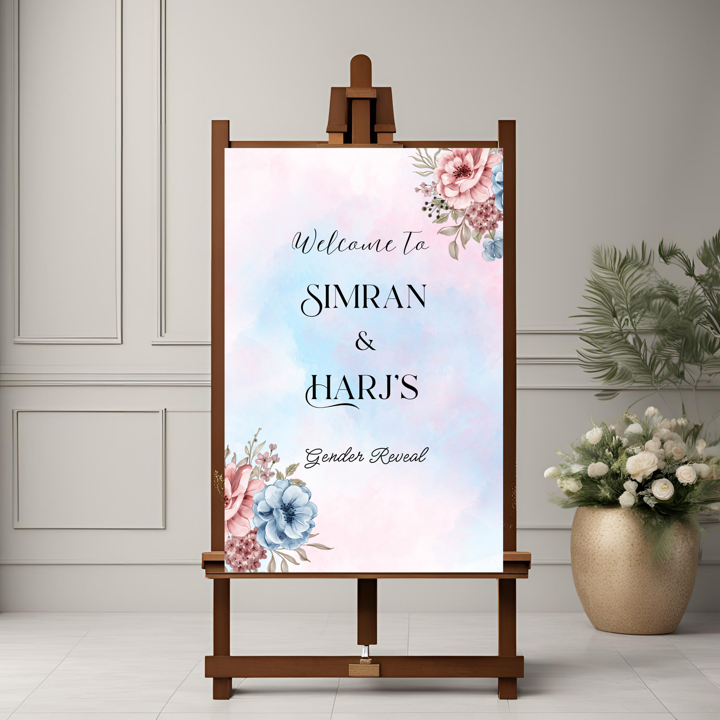 Gender Reveal Pink & Blue Watercolour Entrance Board - Online Template