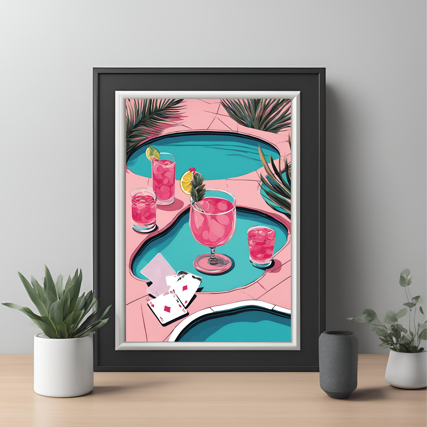 Vintage Pink Playing Cards By Pool Wall Art Digital Download