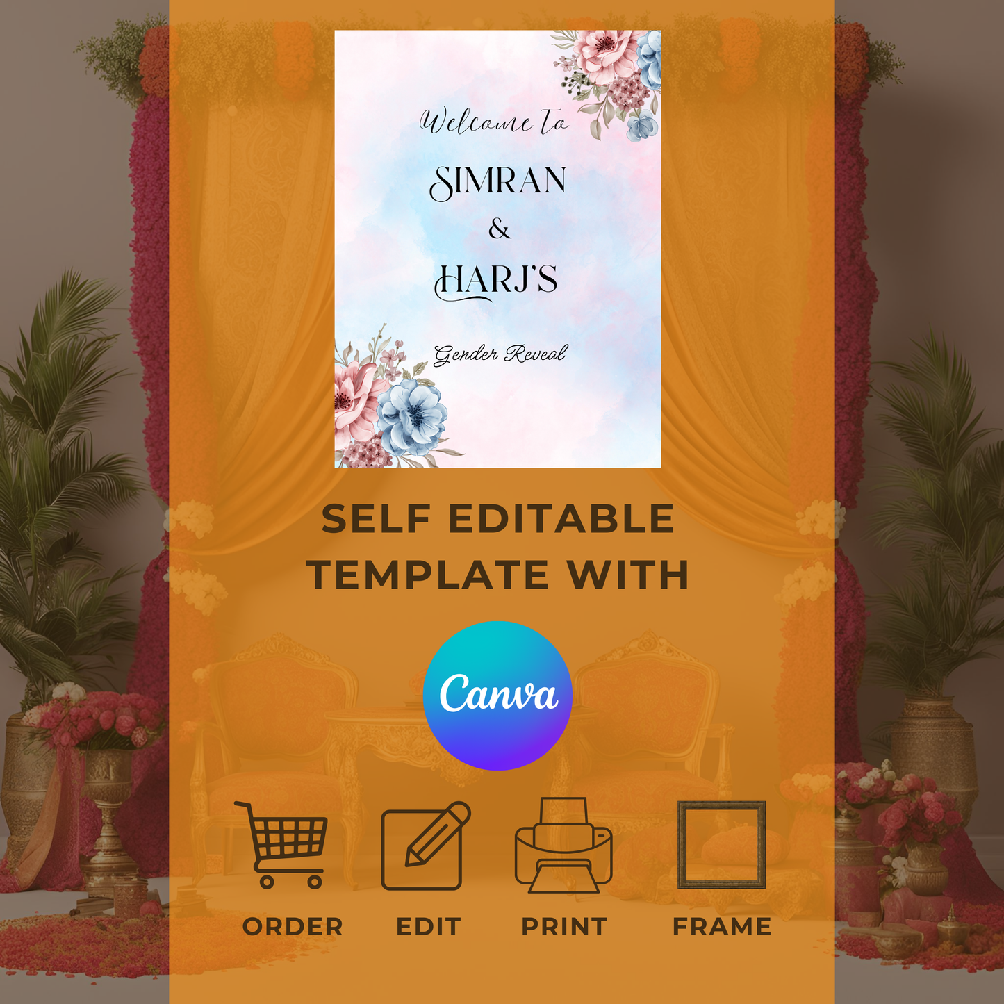 Gender Reveal Pink & Blue Watercolour Entrance Board - Online Template