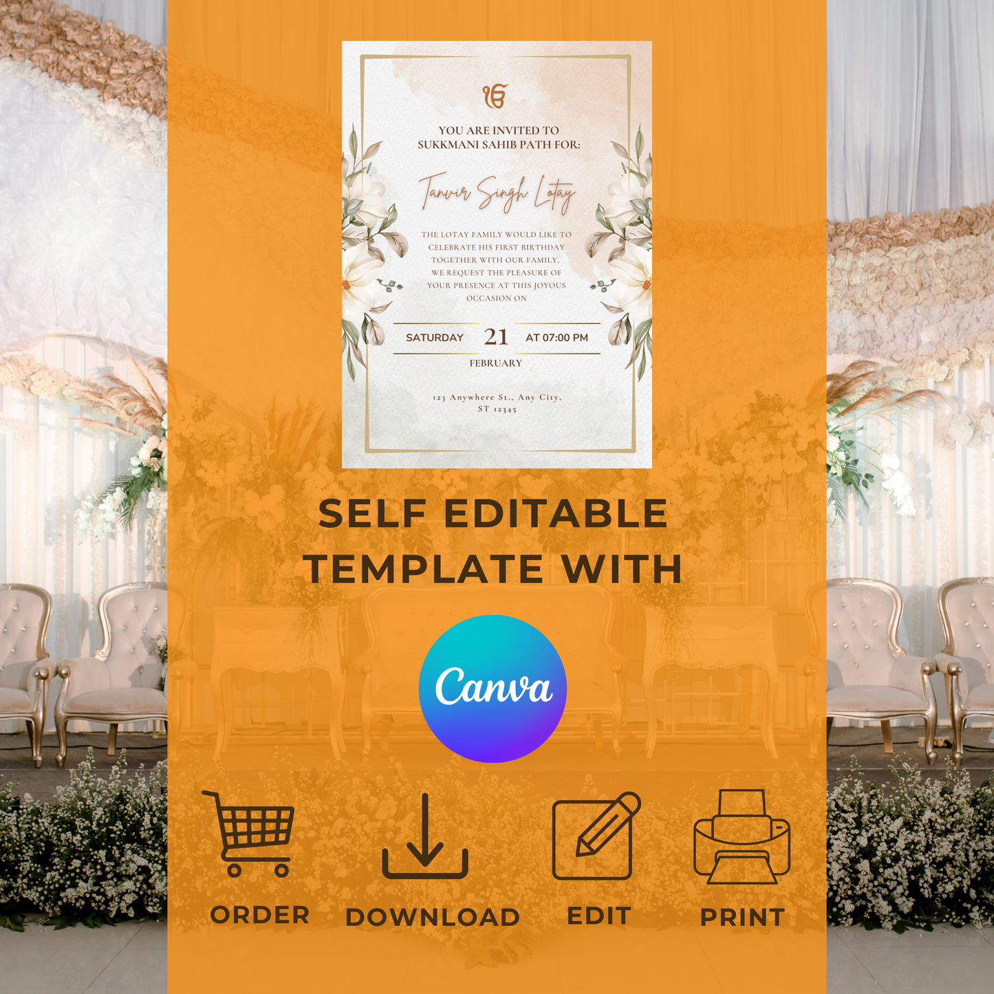 Beige Floral Sukhmani Sahib Invitation Digital Download - Online Template