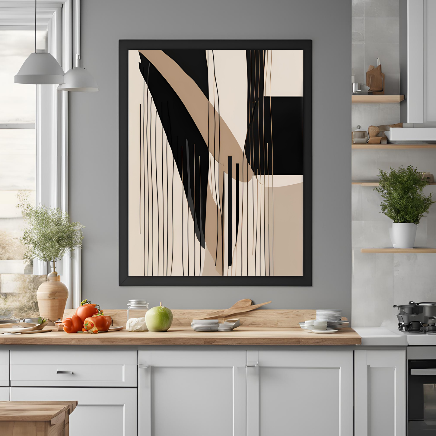 Set of 3 Contemporary Abstract Art -  Black Beige Minimalist  Printable Wall Art
