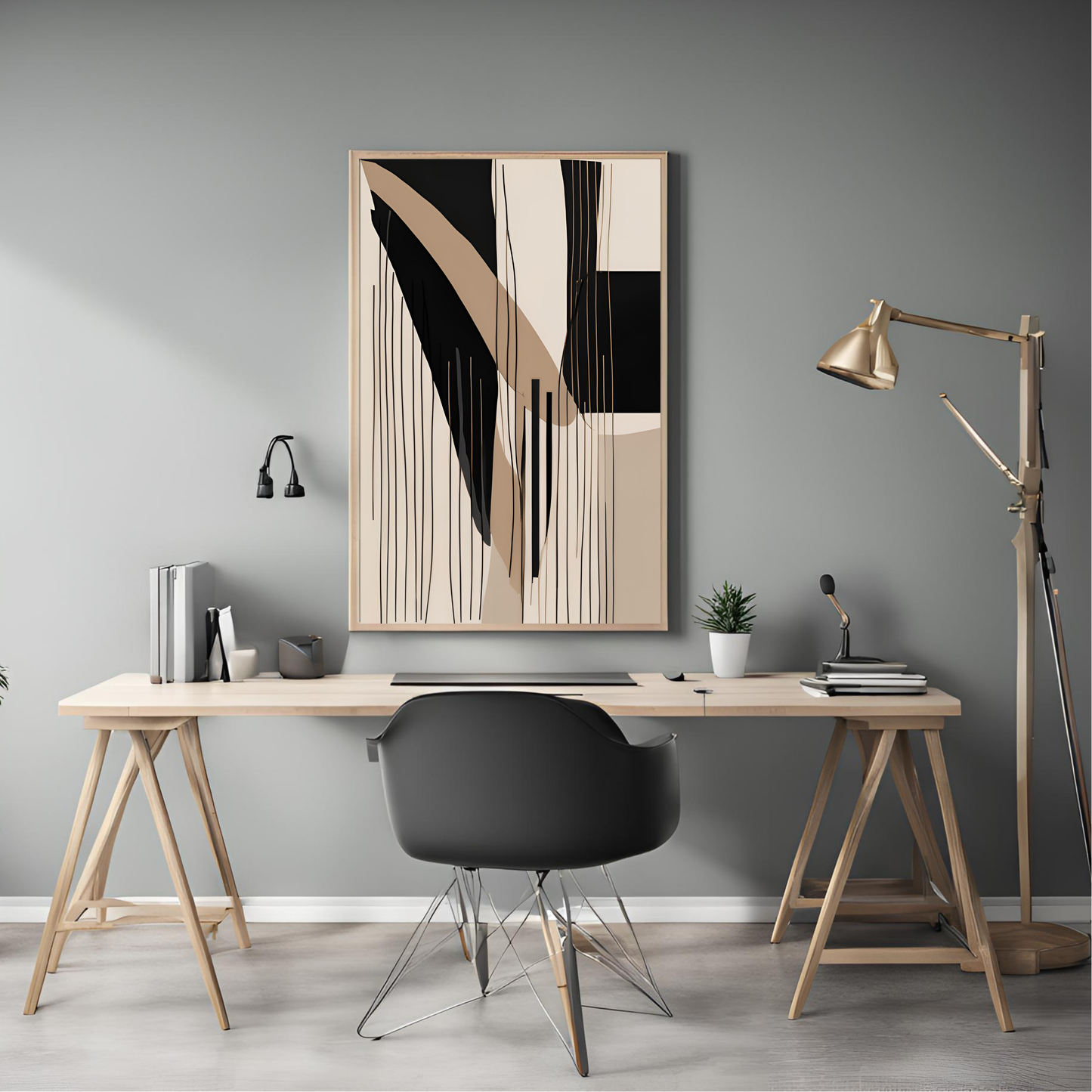 Set of 3 Contemporary Abstract Art -  Black Beige Minimalist  Printable Wall Art