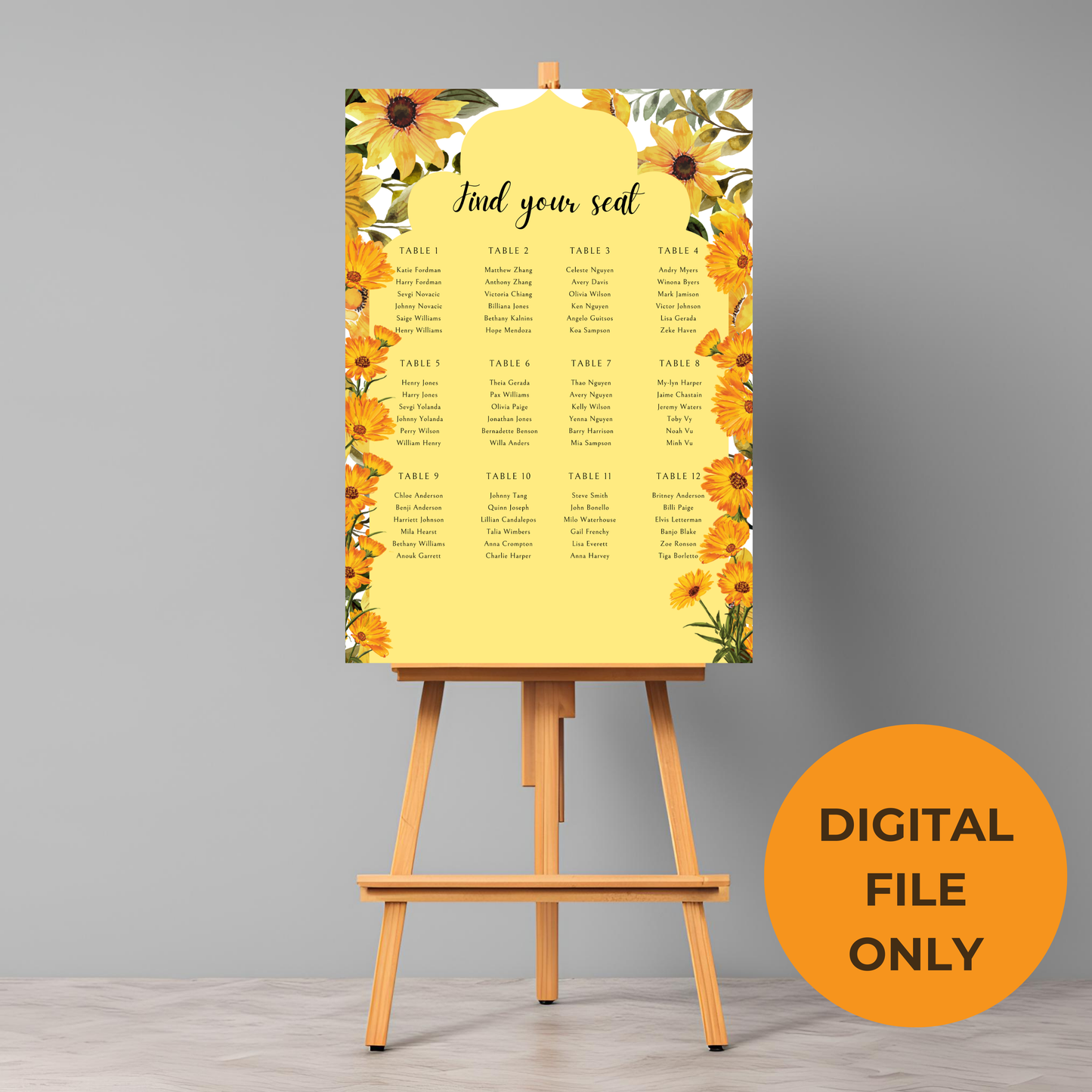 Sunflower Seating Plan Digital Download - Online Template
