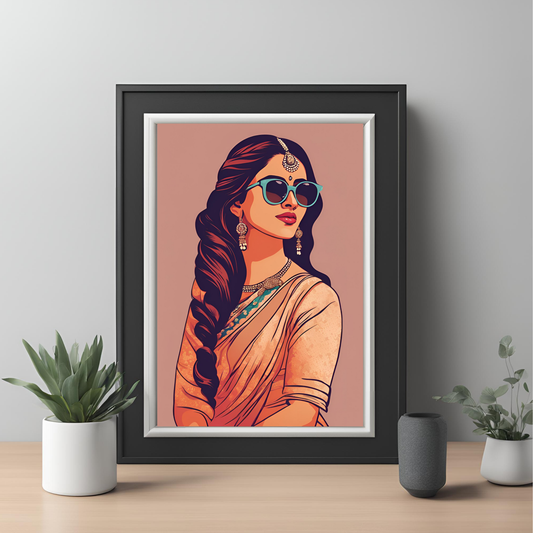 Saree & Sunglasses Neutral Framed A4 Fine Art Print - Portrait/Black