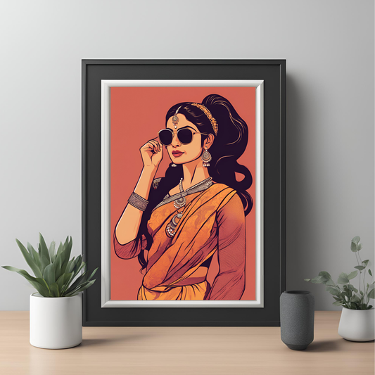 Sarees & Sunglasses Red Framed A4 Fine Art Print - Portrait/Black