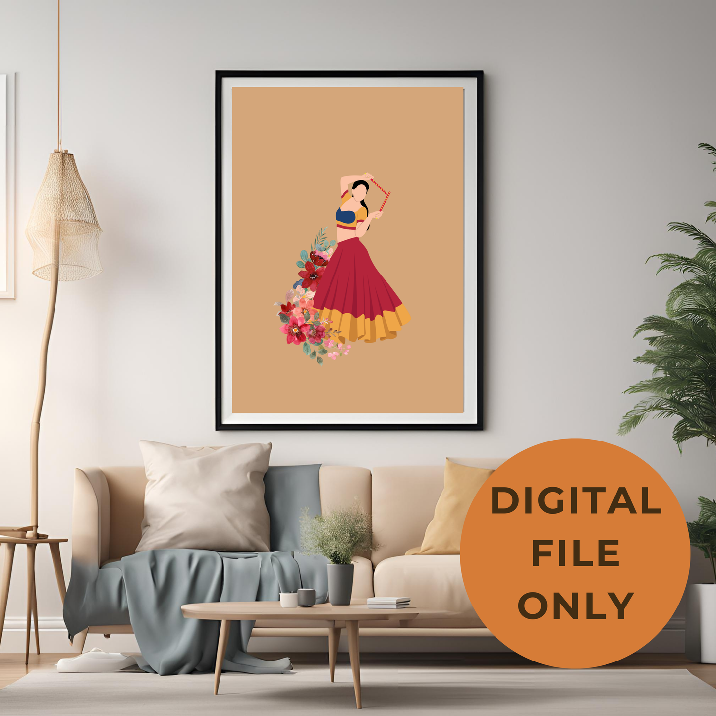 Indian Dancer Garba Black Framed A4 Art Portrait Print
