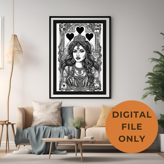 Queen of Hearts Digital Black and White -  Wall Art