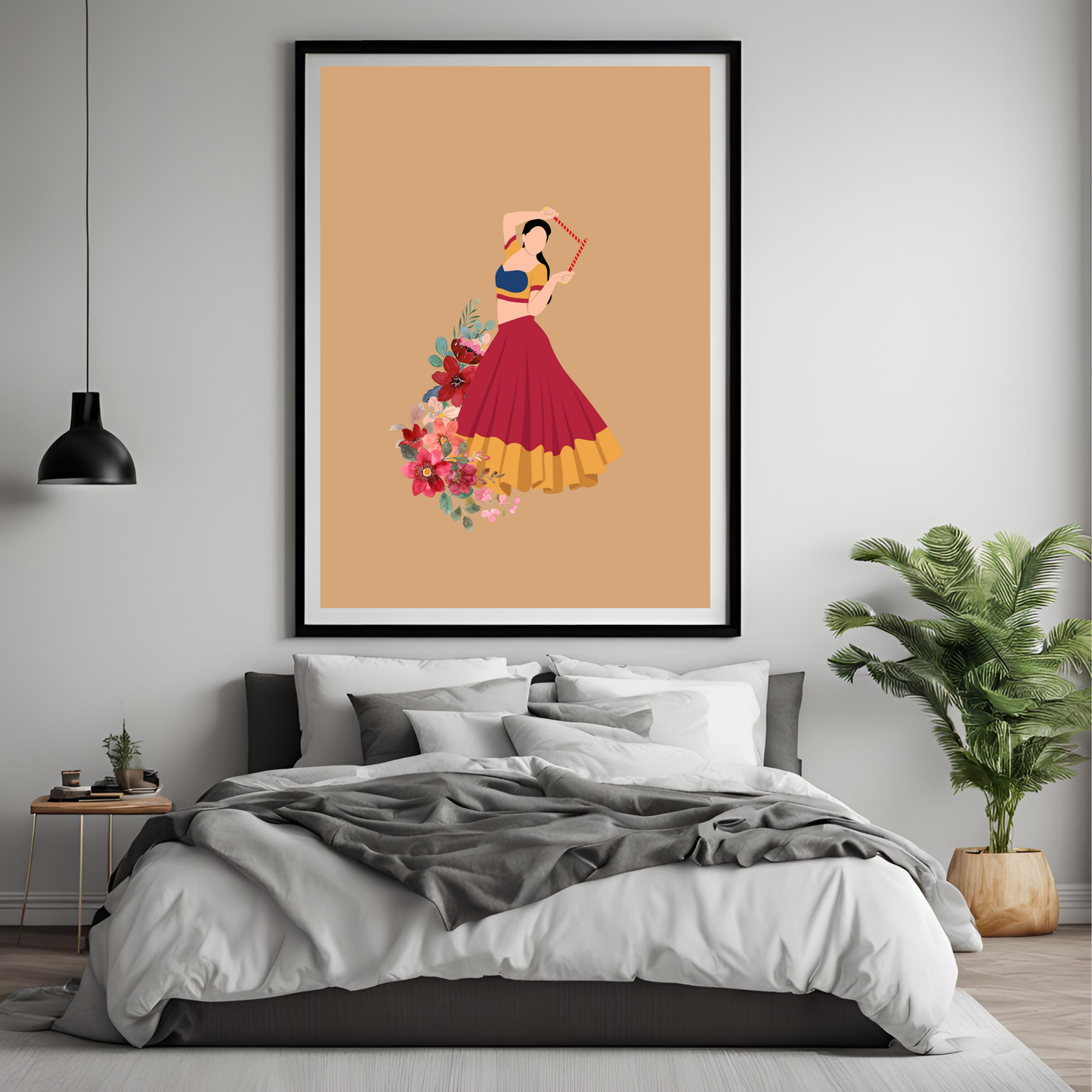 Indian Dancer Garba Black Framed A4 Art Portrait Print