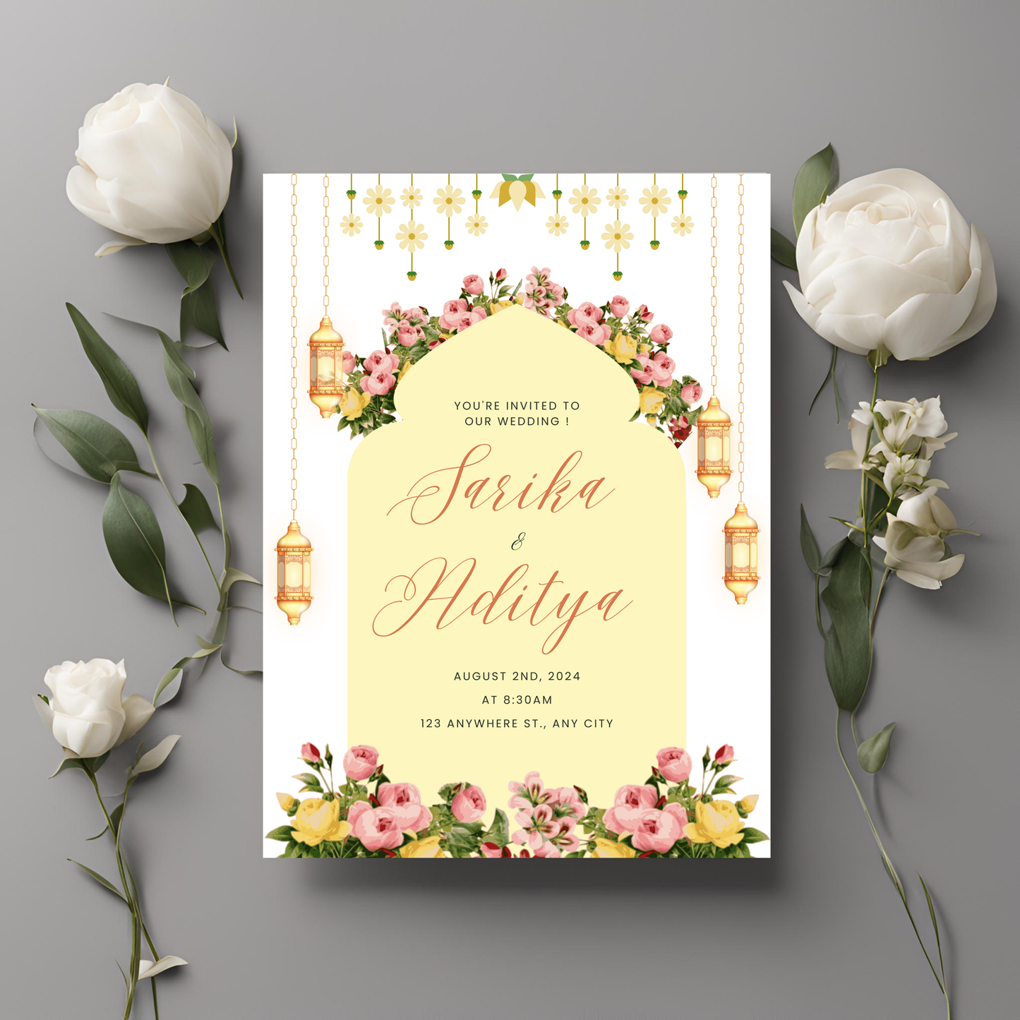 Yellow & Baby Pink Floral Invitation Digital Download - Online Template