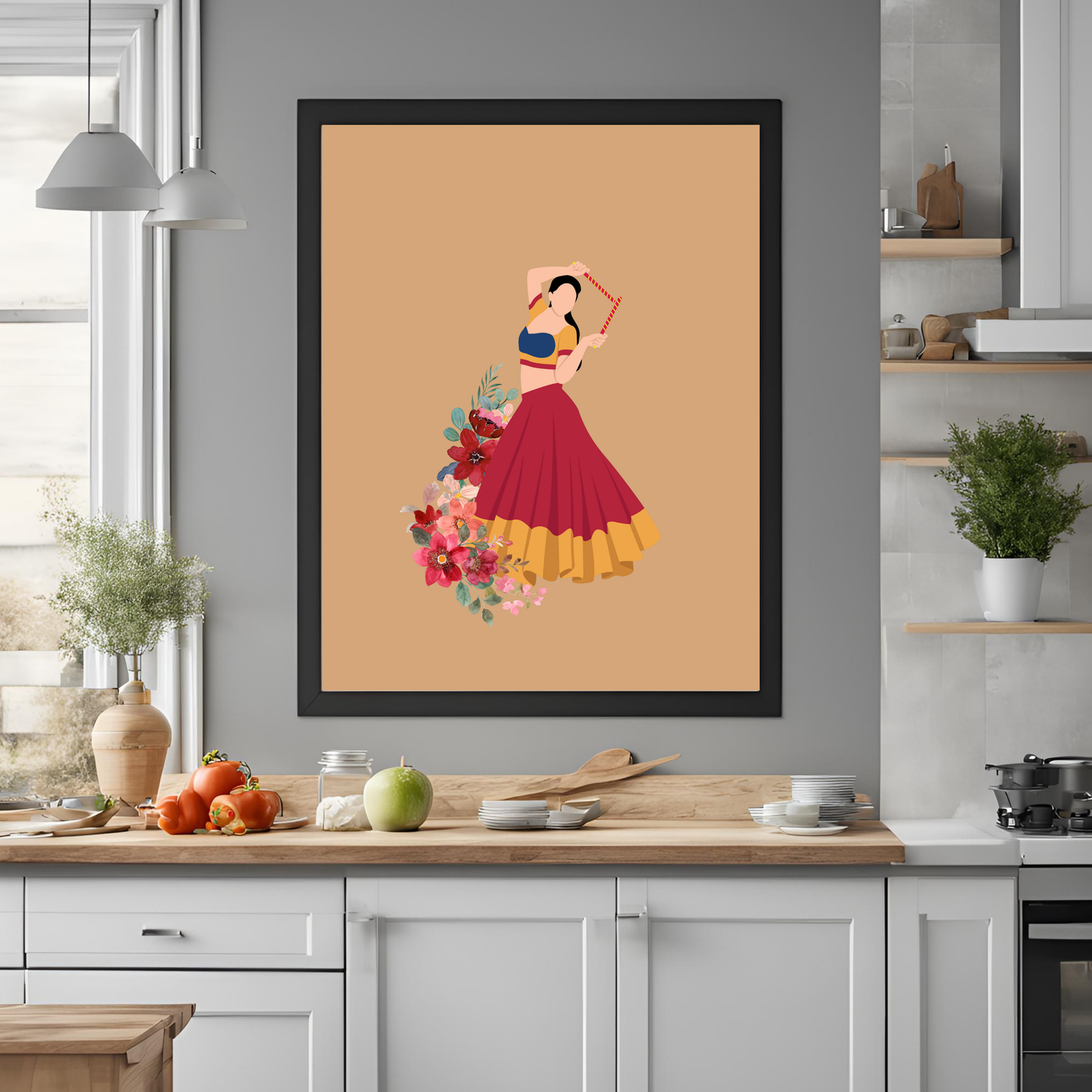 Indian Dancer Garba Black Framed A4 Art Portrait Print
