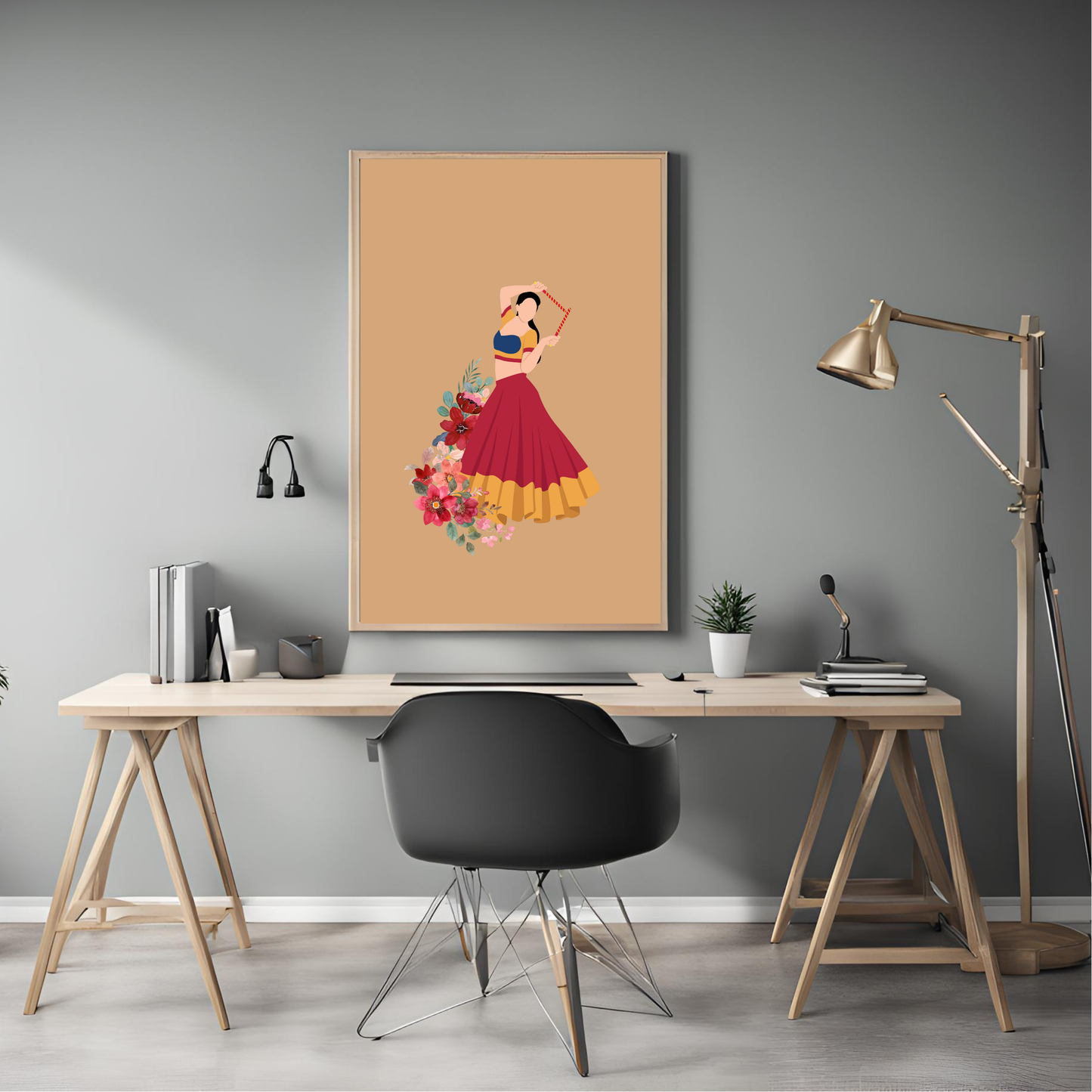 Indian Dancer Garba Black Framed A4 Art Portrait Print