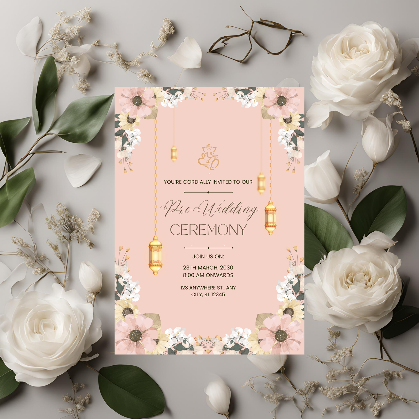Yellow & Baby Pink Floral Invitation Digital Download - Online Template
