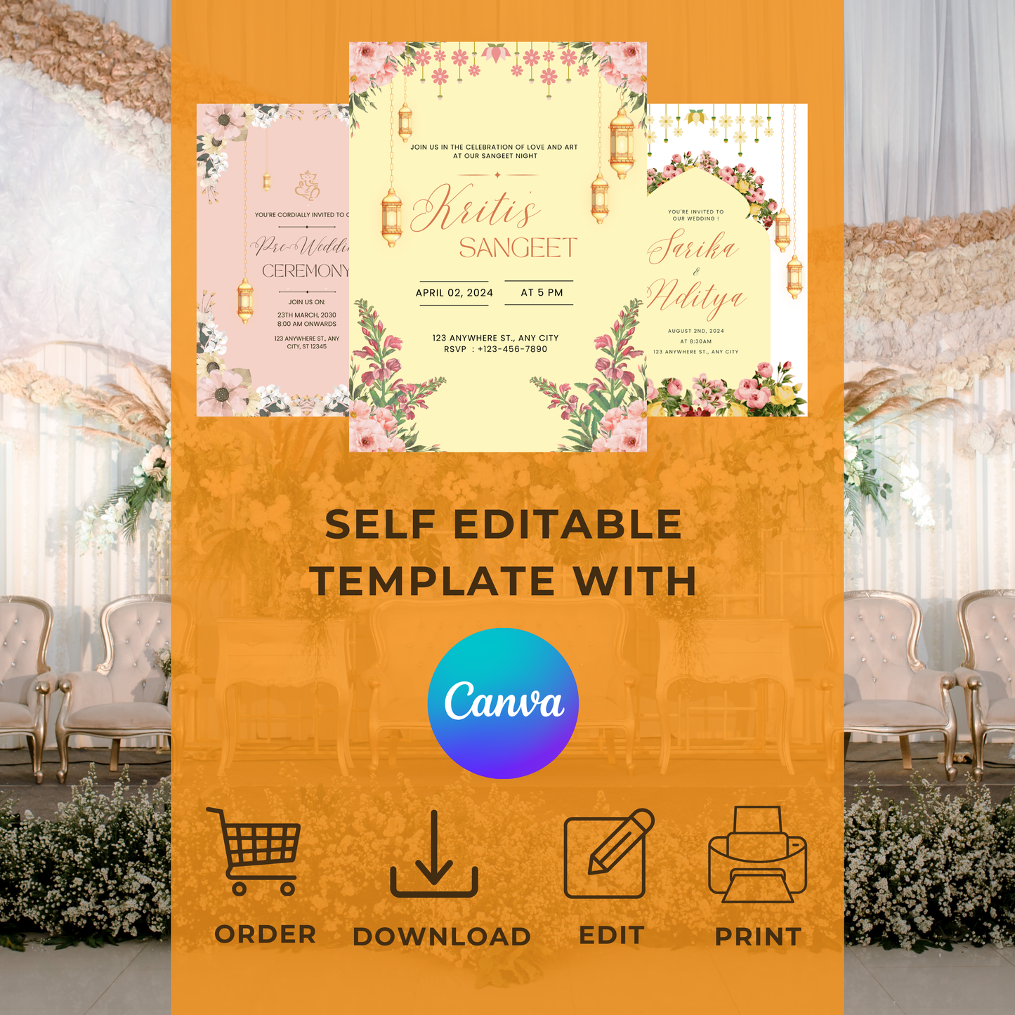 Yellow & Baby Pink Floral Invitation Digital Download - Online Template