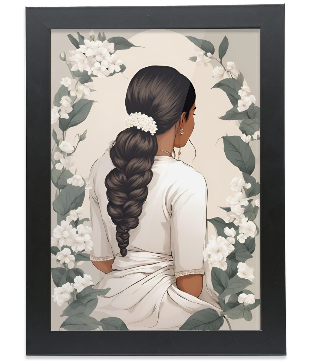 Desi Girl White Parande Black Framed A4 Portrait Print
