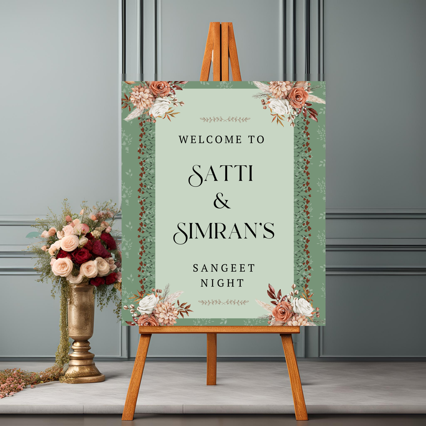 Sage Green Floral Entrance Board Digital - Online Template