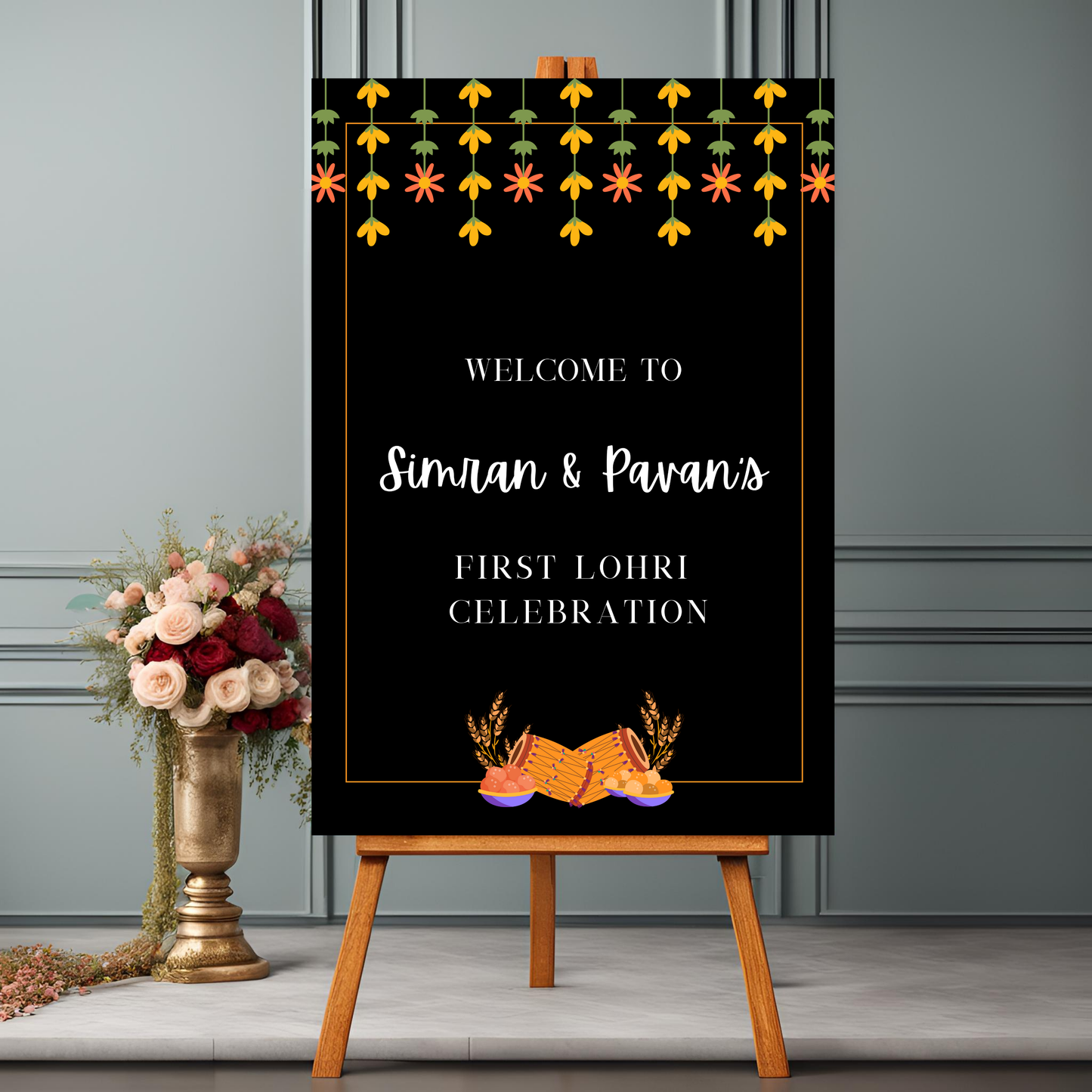 Lohri Black Floral Welcome Sign