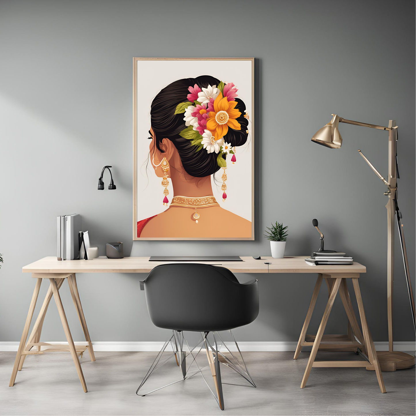 Indian Dancer Gajra Framed A4 Black Portrait Print