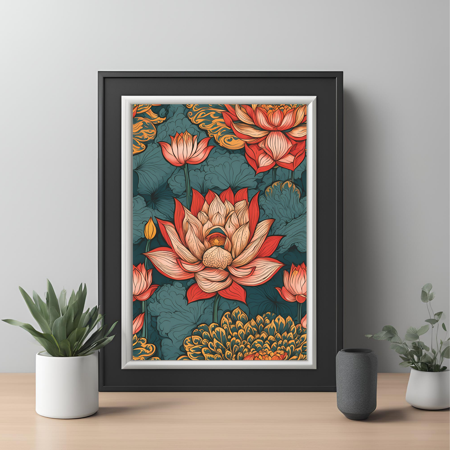 Lotus Traditional Folk Print Navy - Digital Download