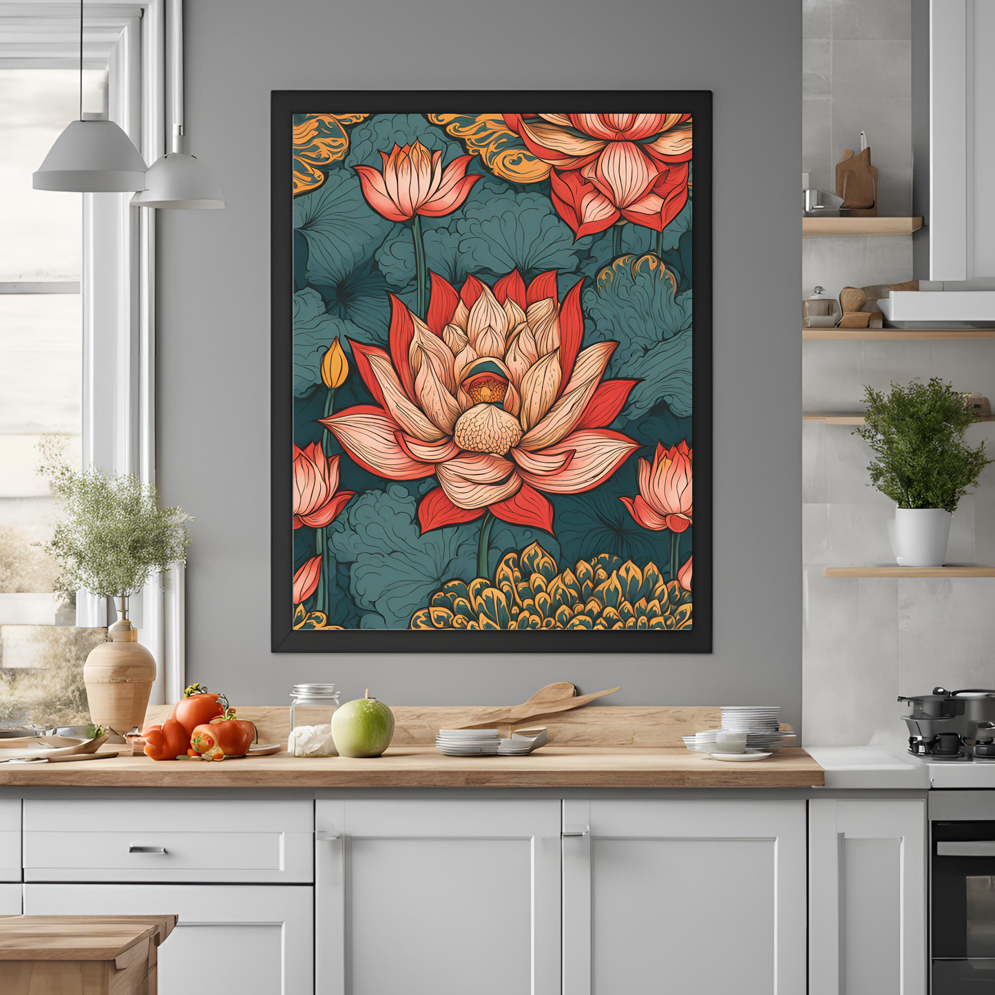 Lotus Traditional Folk Print Navy - Digital Download