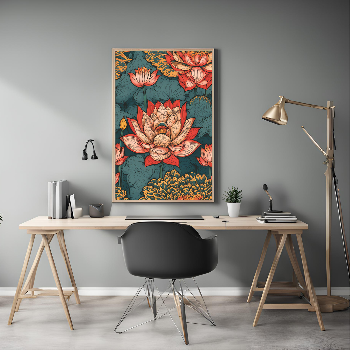 Lotus Traditional Folk Print Navy - Digital Download