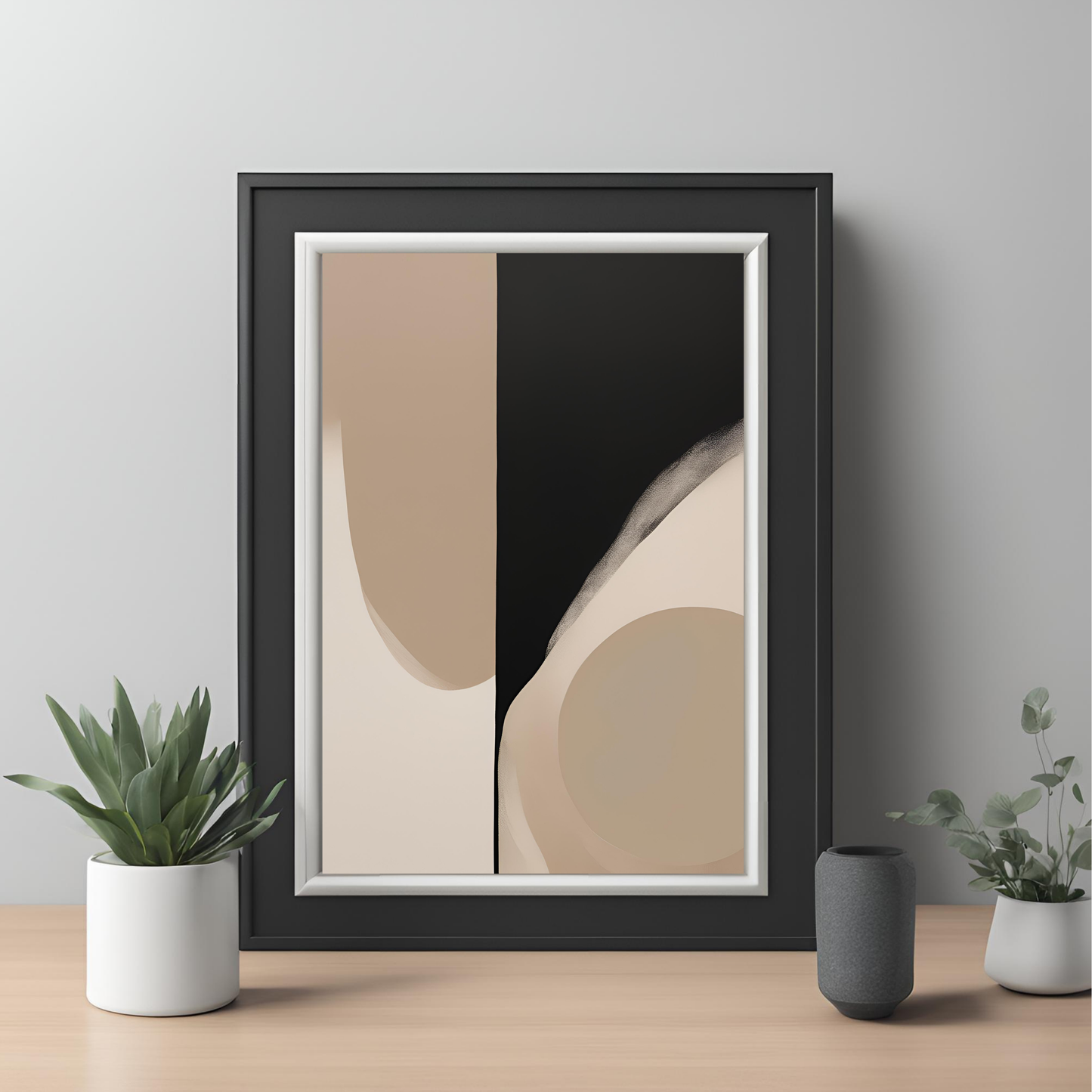 Set of 3 Contemporary Abstract Art -  Black Beige Minimalist  Printable Wall Art