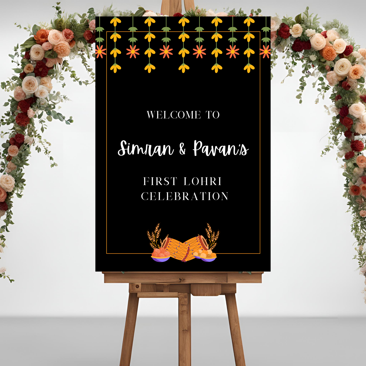 Lohri Black Floral Welcome Sign