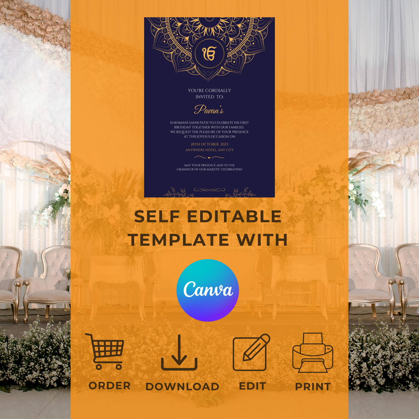 Navy Gold Mehndi Sukhmani Sahib Invitation Digital Download - Online Template
