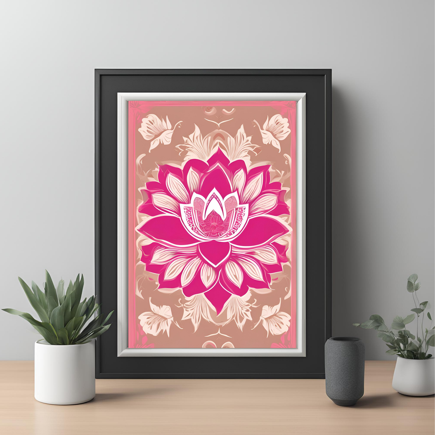 Pink Lotus Traditional Folk Print Hot Pink - Digital Download