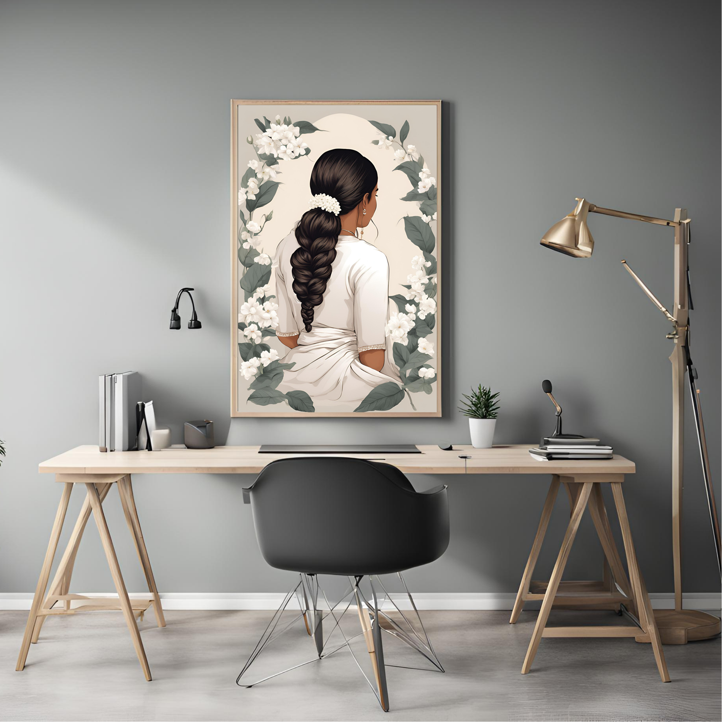 Desi Girl White Parande Black Framed A4 Portrait Print