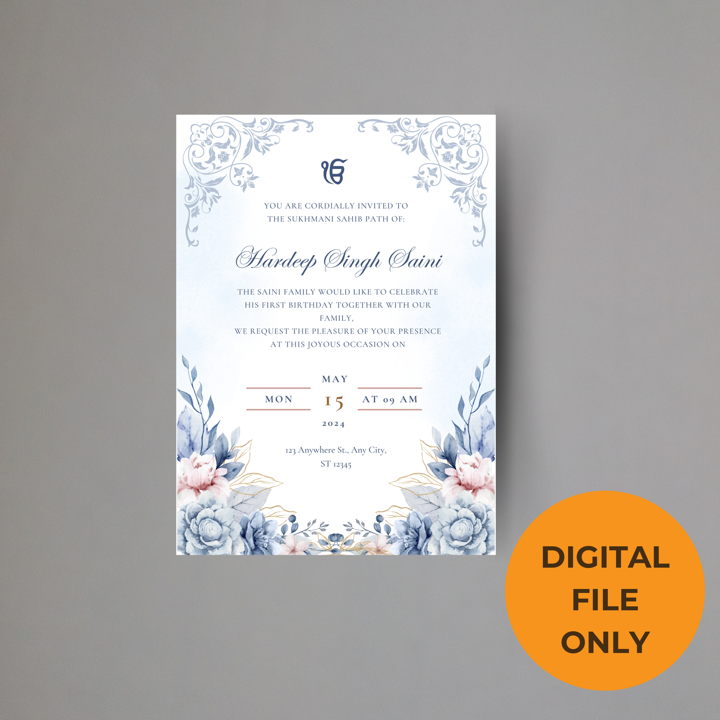 Blue Floral Sukhmani Sahib Invitation Digital Download - Online Template