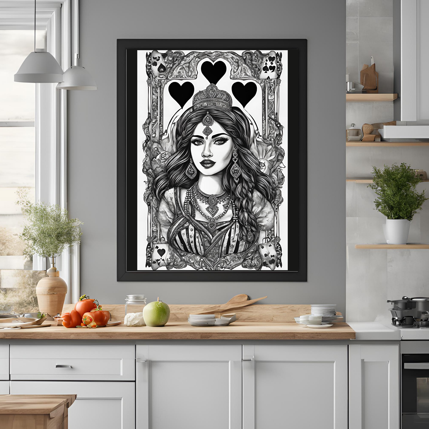 Queen of Hearts Digital Black and White - Wall Art