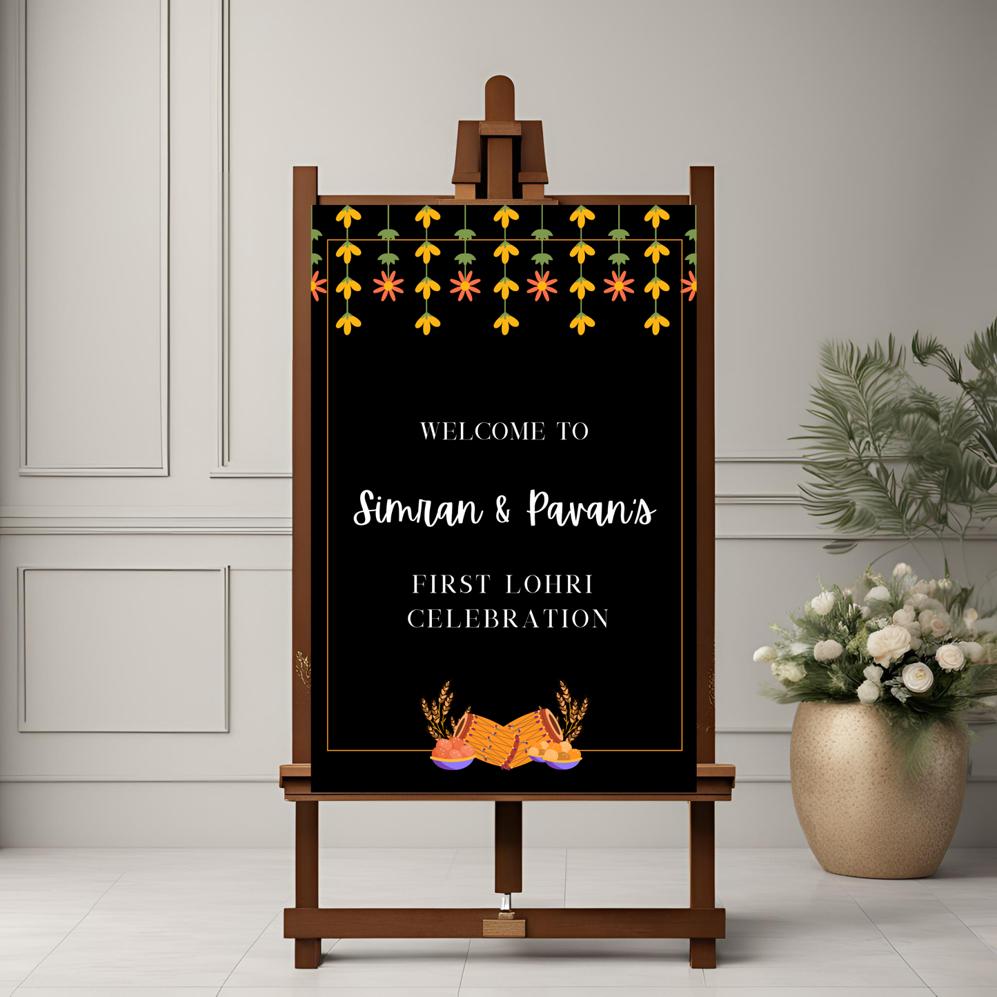 Lohri Black Floral Welcome Sign