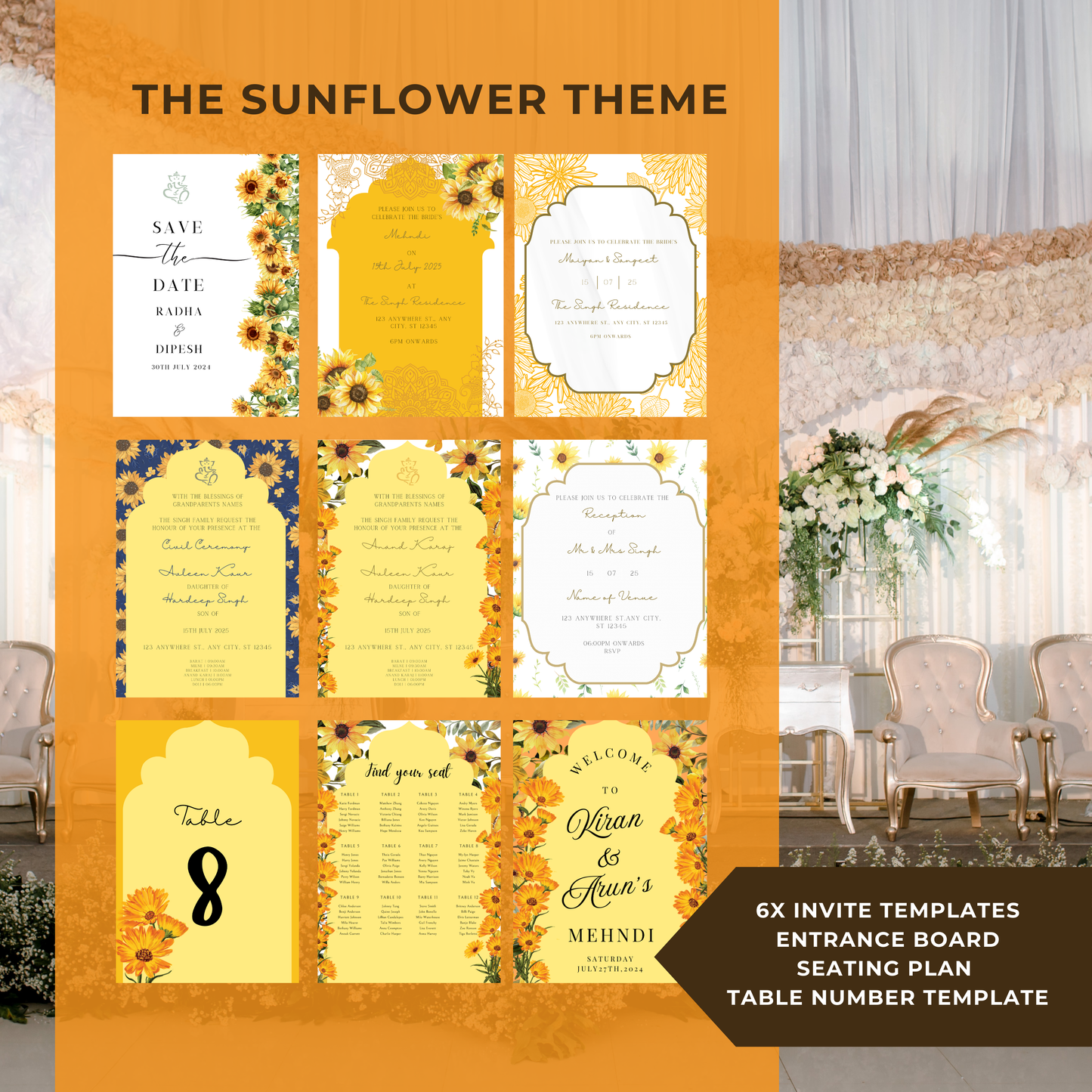 Sunflower Wedding Invitations 6 pcs Digital Download - Online Template