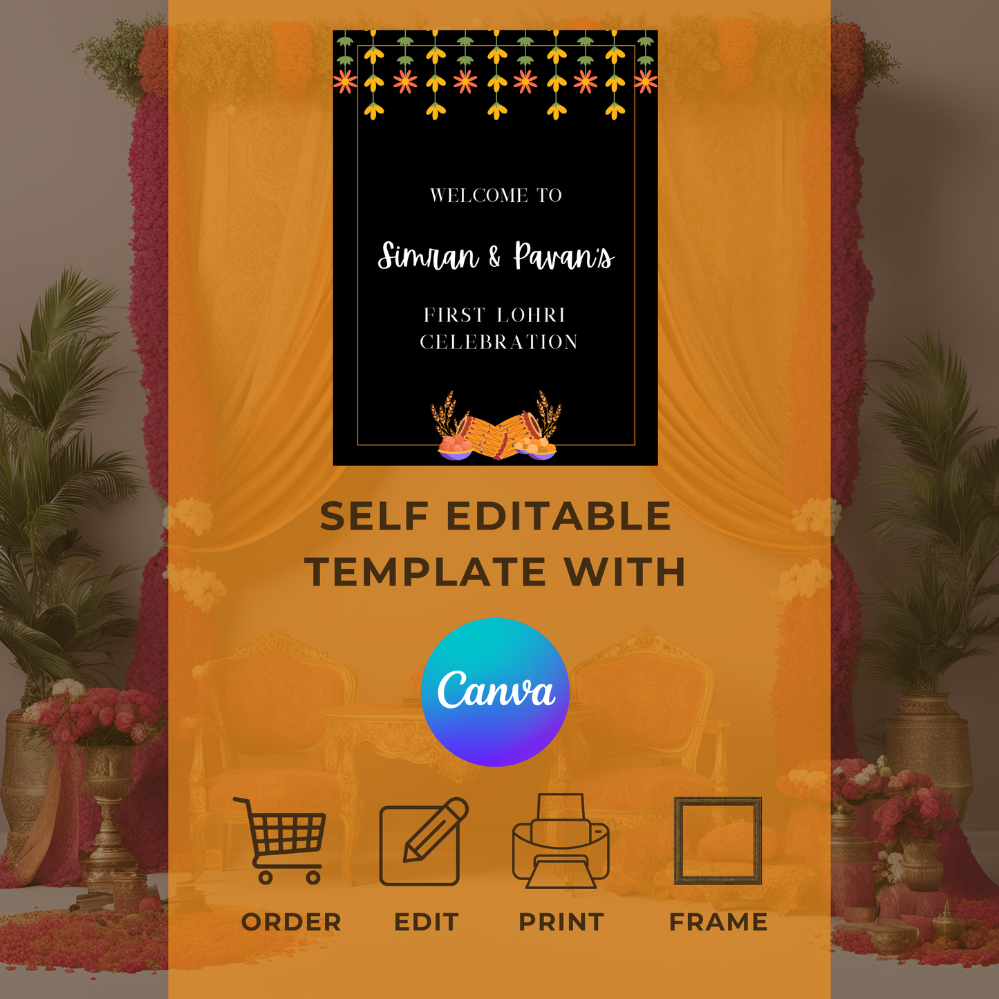 Lohri Black Floral Welcome Sign