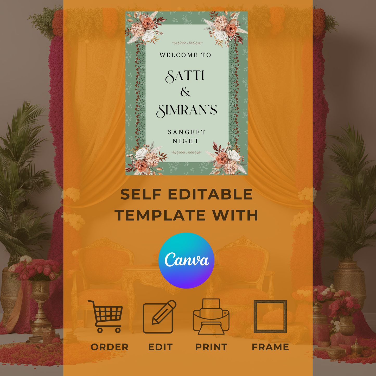 Sage Green Floral Entrance Board Digital - Online Template