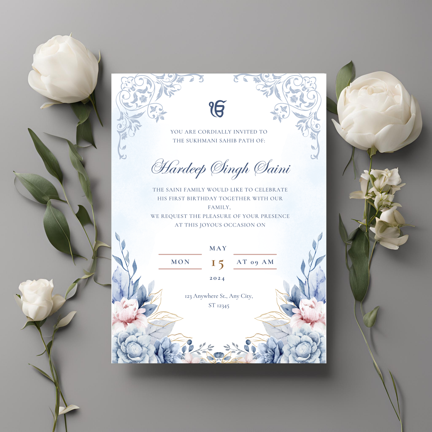 Blue Floral Sukhmani Sahib Invitation Digital Download - Online Template