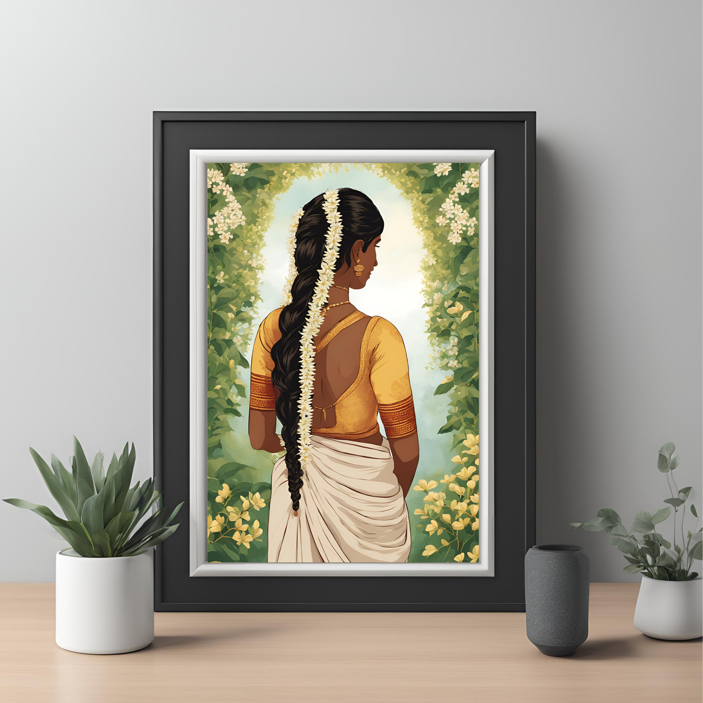 South Asian Art Tamil Girl with Floral Plait Wall Art Digital Download